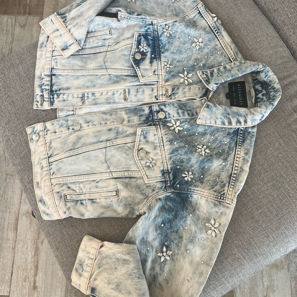 AllSaints Floral Embellished Denim Jean Jacket Monty Size 2 NWOT - Picture 2 of 10